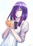  arsenixc bowtie food fruit hair_over_one_eye hands highres holding holding_fruit ikezawa_hanako katawa_shoujo long_hair orange peach popped_collar puffy_sleeves purple_eyes purple_hair scar shirt sketch sleeves_rolled_up solo violet_eyes 