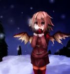  amoranorem animal_ears blush breath covering covering_face covering_mouth gloves hair_between_eyes mystia_lorelei night pink_hair short_hair skirt snow snowing solo thigh-highs thighhighs touhou tree wings winter zettai_ryouiki 