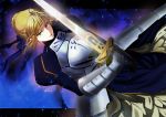  ahoge armor armored_dress bad_id blonde_hair bow dress dutch_angle excalibur fate/stay_night fate_(series) gauntlets glowing glowing_sword glowing_weapon hair_bow kanameyura saber solo sword weapon 