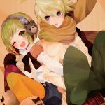 1girl :o animal_earmuffs blonde_hair blue_eyes blush bow bowtie capelet couple earmuffs flower fur_trim green_eyes green_hair hair_flower hair_ornament hairclip huang_baoling ivan_karelin legwear_under_shorts locked_arms mismatched_legwear mittens open_mouth pantyhose poco24 polka_dot polka_dot_legwear purple_eyes red_legwear scarf short_hair shorts smile suspenders sweater tiger_&amp;_bunny vertical-striped_legwear vertical_stripes wink winter_clothes yellow_legwear