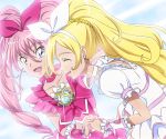  blonde_hair blue_eyes bow brooch choker closed_eyes cure_melody cure_rhythm dutch_angle eyes_closed frills hair_bow hair_ribbon hand_holding holding_hands houjou_hibiki jewelry long_hair minamino_kanade multiple_girls pink_hair ponytail precure ribbon shin_(irowanioedo) smile suite_precure twintails 