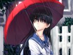  atomix black_hair brown_eyes denpa_teki_na_kanojo hair_over_eyes long_hair ochibana_ame rain school_uniform serafuku solo umbrella watermark web_address 