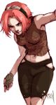  alternate_costume bare_shoulders bike_shorts breasts crop_top fingerless_gloves forehead_protector gloves haruno_sakura katsh konohagakure_symbol midriff naruto navel pink_hair short_hair signature sleeveless solo 