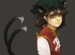  animal_ears brown_hair cat_ears chen chinese_clothes earrings extra_ears hat jewelry multiple_tails sheryth short_sleeves simple_background solo tail touhou wavy_hair yellow_eyes 