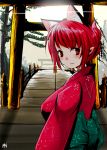  1girl alternate_costume alternate_hairstyle animal_ears blush bridge bust cat_ears extra_ears female hair_up han64 han_(jackpot) japanese_clothes kaenbyou_rin kimono looking_at_viewer outdoors pointy_ears red_eyes red_hair redhead signature smile solo touhou tree 
