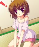  bike_shorts brown_hair casual haruna_(kore_wa_zombie_desu_ka?) highres kneeling kore_wa_zombie_desu_ka? off_shoulder red_eyes shefu short_hair tatami 