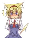  1girl :o adapted_costume alice_margatroid alternate_costume animal_ears arms_behind_back ascot blonde_hair blue_dress blue_eyes blush bust capelet cat_ears cat_tail dress hairband kemonomimi_mode open_mouth oukawa_yuu short_hair solo surprised tail touhou 