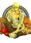  animal azuazuazu blonde_hair casual cup earrings fate/stay_night fate/zero fate_(series) gilgamesh highres jewelry lion male red_eyes sitting smile snake solo wine wine_glass 