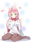  animal_ears blush breasts bunny_ears detached_sleeves green_eyes highres ichi_makoto no_pants no_shoes original pantyhose pink_hair red_scarf ribbed_sweater scarf sitting solo sweater sweater_dress wariza 