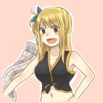  :d blonde_hair blush cosplay erinan fairy_tail lucy_heartfilia natsu_dragneel natsu_dragneel_(cosplay) navel open_mouth scarf smile solo 