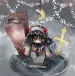  1girl black_hair black_legwear blush bonnet bow chain coffee crescent_moon cross frills from_above gothic_lolita grave horns isolated_island_oni kantai_collection lolita_fashion long_hair moon pantyhose red_eyes shinkaisei-kan smile solo takanashi_hiyori tombstone very_long_hair white_skin 