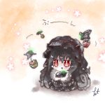  1girl black_dress black_hair blush bonnet chibi dress flower frills gift gothic_lolita horns isolated_island_oni kantai_collection lolita_fashion long_hair lowres red_eyes shinkaisei-kan smile solo takanashi_hiyori very_long_hair white_skin 