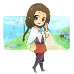  arm_up boots braid brown_eyes brown_hair capelet earrings english jewelry long_hair looking_back maora_otou nintendo orielle pants path pointy_ears raised_arm sign skirt skyward_sword smile solo the_legend_of_zelda title_drop waving 