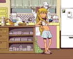  banana belly blonde_hair bow boxers child closed_eyes contemporary eyes_closed food fruit hair_bow horns ibuki_suika kitchen milk navel oni onikobe_rin refrigerator shorts slippers smile solo touhou towel_on_shoulders underwear 