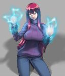  electricity huge_breasts jeans long_hair original red_hair redhead ribbed_sweater serious space_jin spacezin sweater turtleneck very_long_hair yellow_eyes 