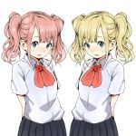  arms_behind_back blonde_hair blue_eyes blush multiple_girls original pepo_(pepopepo) pink_hair pleated_skirt school_uniform short_twintails siblings simple_background skirt twins twintails 