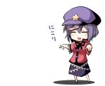  beret blue_hair chibi closed_eyes eyes_closed hat jiangshi miyako_yoshika ofuda open_mouth outstretched_arms rioshi shirt skirt smile solo touhou zombie_pose 