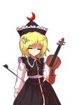  alphes_(style) anger_vein blonde_hair bow_(instrument) closed_eyes crescent hat instrument lunasa_prismriver parody rararatolololo short_hair solo style_parody touhou violin 