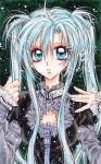  90s alternate_costume alternate_hairstyle blue_eyes blue_hair buckle eyelashes frills hands ion_(manga) official_art solo tanemura_arina traditional_media tsuburagi_ion twintails 