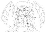  1girl artist_request flandre_scarlet hat highres lineart open_mouth ribbon short_hair side_ponytail smile solo touhou wings 