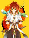  coat creature flower green_eyes luke_fon_fabre male midriff mieu pants payot red_hair red_rose redhead rose shima_(inukago) smile sword tales_of_(series) tales_of_the_abyss weapon yellow_background 