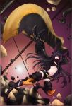  black_gold_saw black_hair black_rock_shooter chain chains claws comipat fighting_stance gold hime_cut horns jacket kingsaw long_hair paolo_antonio_aguasin red_eyes shorts smile star sword unzipped weapon zipper 