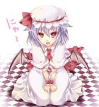  animal_ears ascot bat_wings blue_hair blush cat_ears fangs hat hat_ribbon kemonomimi_mode kimigairukara open_mouth red_eyes remilia_scarlet ribbon seiza short_hair sitting solo tile_floor tiles touhou v_arms wings wrist_cuffs wrist_ribbon 