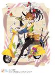  animal_ears bagpipes belt beltskirt bird bow brooch brown_hair butterfly cat chicken dalmatian dog ebira flower folklore frills gathers glasses gloves highres hooves instrument jewelry keyboard_(instrument) keychain melodica minotaur motor_vehicle neck_ruff pink_eyes posing rooster scooter short_hair smile solo tambourine town_musicians_of_bremen translated trumpet vehicle vest vines 