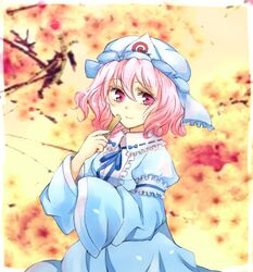  breasts closed_fan fan folding_fan ghost japanese_clothes petals pink_eyes pink_hair saigyouji_yuyuko saika8 short_hair smile solo touhou tree triangular_headpiece 