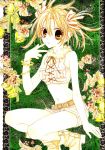  absurdres bare_shoulders bell blonde_hair boots bracelet crop_top doily finger_to_mouth front-tie_top fur highres jewelry leaf midriff navel official_art otomiya_haine scan shinshi_doumei_cross short_hair shorts sleeveless solo tanemura_arina traditional_media twintails yellow_eyes 