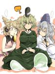  ... 3girls ? blush breast_envy breasts brown_hair commentary_request dress face ghost ghost_tail green_dress green_hair grey_hair hands_on_own_chest harusame_(unmei_no_ikasumi) hat japanese_clothes kariginu large_breasts mononobe_no_futo multiple_girls seiza sitting soga_no_tojiko stare staring_at_breasts tate_eboshi touhou toyosatomimi_no_miko 