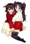  blue_eyes bow brown_hair child fate/stay_night fate/zero fate_(series) hair_bow hair_ribbon highres long_hair matou_sakura ribbon shiba_roken short_hair siblings sisters skirt thighhighs tohsaka_rin toosaka_rin tsuneaki_(dosnan) twintails young zettai_ryouiki 