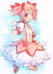  bubble_skirt dress gloves hair_ribbon jumping kaname_madoka magical_girl mahou_shoujo_madoka_magica pink_eyes pink_hair ribbon ribbon_choker smile twintails wanko_(pixiv) 