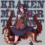  bag blazer demiano frown highres horns monster_girl octopus original pointy_ears red_eyes school_uniform skirt skirt_lift spikes tentacle tentacles twintails 