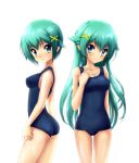  2girls blue_eyes green_hair kaitou_tenshi_twin_angel konboi long_hair multiple_girls nine_violet one-piece_swimsuit school_swimsuit short_hair siblings sisters swimsuit tesla_violet 