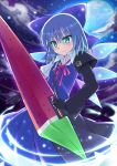  advent_cirno bad_id blue_hair blush cirno final_fantasy final_fantasy_vii food fruit gloves glowing highres ice ice_wings keroro_gunsou kyaon leather_gloves leather_jacket moon night ribbon short_hair solo suika_blade sword touhou watermelon weapon wings 