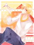  blonde_hair earrings fate/stay fate/stay_night fate/zero fate_(series) gilgamesh hair highres jewelry m-1ng male night red_eyes short short_hair wine 