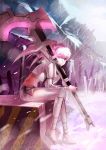  bad_id black_rock_shooter black_rock_shooter_(game) boots crop_top fs-project long_hair midriff navel purple_eyes scythe shorts sitting solo thigh-highs thighhighs twintails violet_eyes weapon white_hair white_rock_shooter 