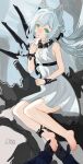 absurdres animal_ears arknights bad_source bare_shoulders barefoot dress green_eyes grey_hair highres legs looking_at_viewer low_ponytail lyib mechanical_wings official_alternate_costume rosmontis_(arknights) rosmontis_(become_anew)_(arknights) sitting sky sleeveless sleeveless_dress toes white_dress wings