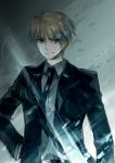  archetype_saber blonde_hair fate/prototype fate/stay_night fate/zero fate_(series) formal gloves green_eyes invisible_air male necktie ritz_dd saber_(fate/prototype) solo suit 