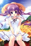  :d absurdres copyright_request dress fang flower hair_ribbon hat highres long_hair mikeou open_mouth purple_eyes purple_hair ribbon sitting smile solo sun_hat sunflower train twintails white_dress 