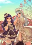  bag blue_eyes blue_hair blunt_bangs bonnet bracelet carnival carousel character_request copyright_request covering covering_face covering_mouth dress drill_hair ferris_wheel food food_on_face food_themed_clothes frills hand_on_own_face hat ice_cream ice_cream_cone jewelry lolita_fashion long_hair looking_at_viewer mini_top_hat multiple_girls obsidian24 petticoat puffy_sleeves red_eyes short_sleeves sky thigh-highs thighhighs top_hat wide_sleeves zettai_ryouiki 