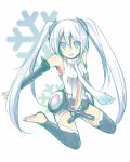  blue_eyes blush detached_sleeves hatsune_miku hatsune_miku_(append) long_hair miku_append mishima_kurone navel open_mouth simple_background snowflakes thigh-highs thighhighs twintails vest vocaloid vocaloid_append 