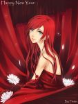  1girl blue_eyes curtains fhalei flower highres lily_pad long_hair original petals red_hair redhead solo vampire 