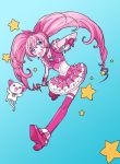  :d aqua_background blue_eyes bow braid cat choker cure_melody dress frills happy highres houjou_hibiki hummy_(suite_precure) long_hair magical_girl midriff miracle_belltier navel open_mouth pink_hair pink_legwear precure ribbon shoes smile star startoy suite_precure thigh-highs thighhighs twintails wand wrist_cuffs 
