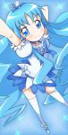  arm_up blue blue_background blue_eyes blue_hair bow brooch choker cure_marine dress hair_ornament hair_ribbon hairpin heart heartcatch_precure! highres jewelry kurumi_erika long_hair magical_girl precure raised_arm ribbon shoes smile solo thigh-highs thighhighs white_legwear yumekaranigeruna 