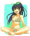  and arm_support bad_feet barefoot bikini black_hair bow butterfly_sitting earrings fang feet ganaha_hibiki hair_bow hoop_earrings idolmaster jewelry long_hair multicolored_bikini multicolored_stripes navel open_mouth ponytail sitting solo striped striped_bikini striped_swimsuit swimsuit toes 