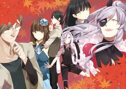  age_difference black_hair blue_eyes brown_hair dress dual_persona father_and_daughter glasses hair_over_one_eye hime_cut inga jacket kaishou_rie kaishou_rinroku leaf lipstick long_hair makeup maple_leaf open_mouth panda_(pandadesu) panda_(shiro_x_kuro) panda_hat purple_eyes purple_hair sasa_kazamori short_hair un-go very_long_hair vest violet_eyes waistcoat yellow_eyes yuuki_shinjuurou 