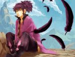  black_hair cloud coat facial_hair feathers green_eyes highres male mitsuchi_mitch mountain pants ponytail raven raven_(tov) sitting sky solo stubble tales_of_(series) tales_of_vesperia 