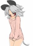  animal_ears blush bottomless grey_hair ishikkoro mouse_ears mouse_tail naked_sweater nazrin no_pants red_eyes shirt_tug short_hair sketch solo sweater tail touhou 